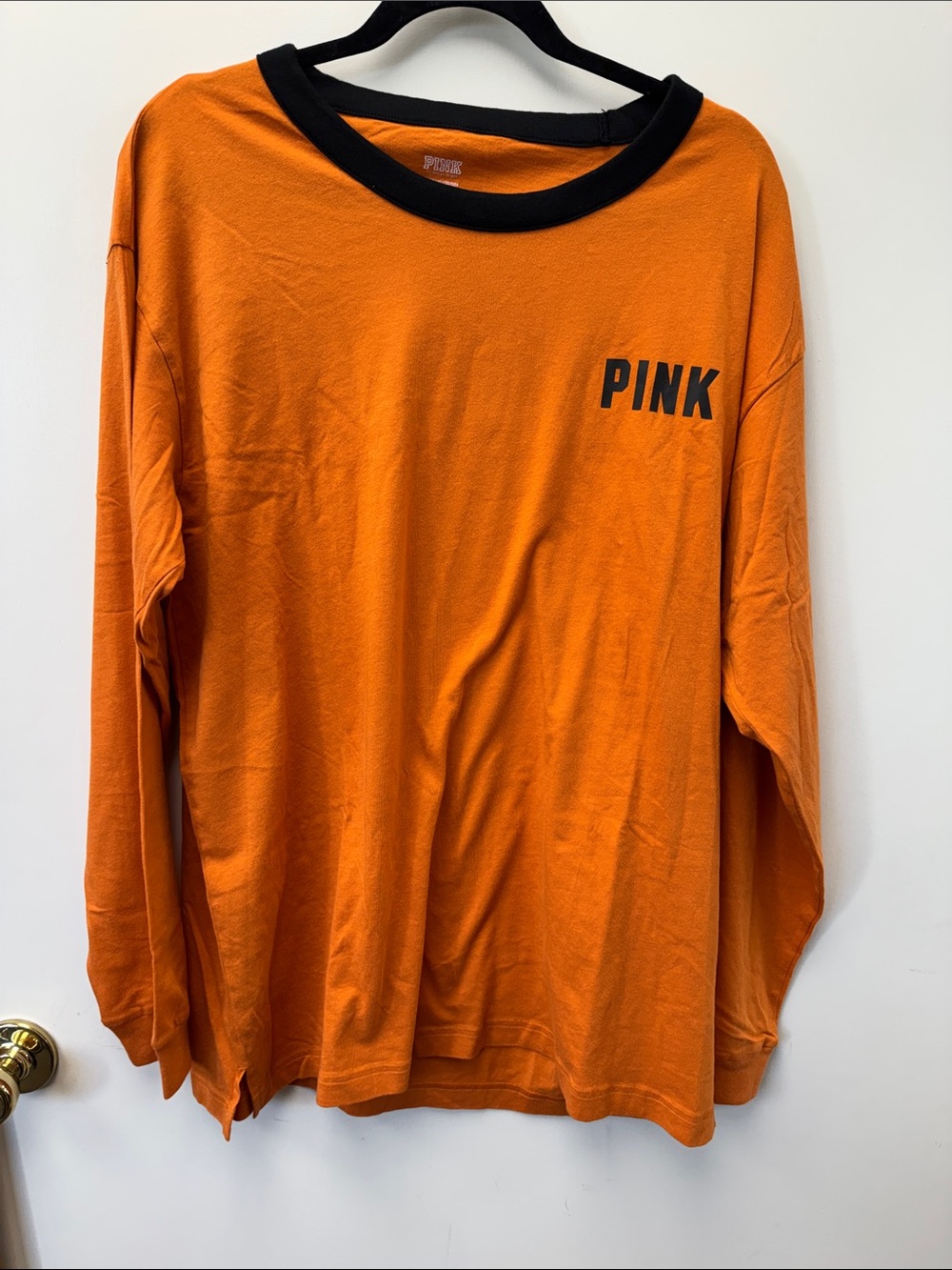 Victoria's Secret PINK Long Sleeve Ringer Tee Orange Black Logo Graphic XL NWT